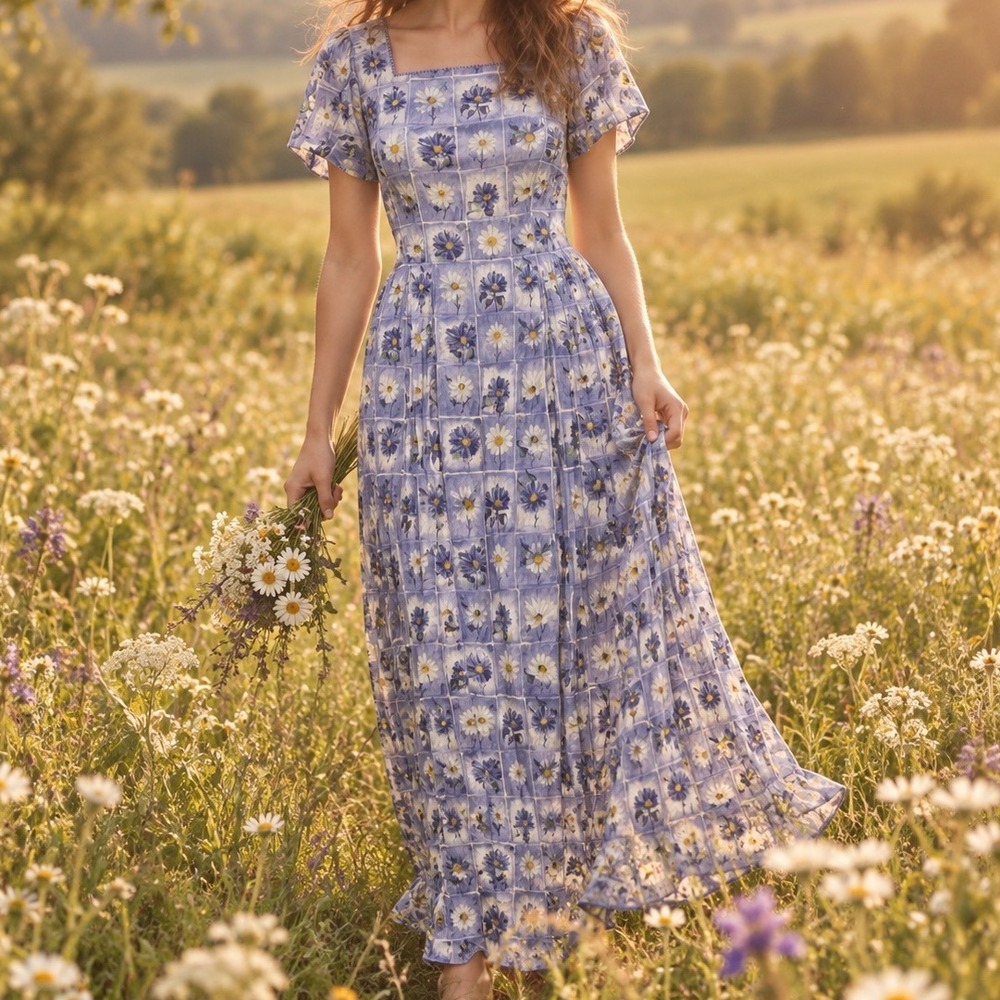 Sarah Elizabeth Vtg 80s Daisy Floral Maxi Dress Blue Rayon Cottagecore 8 D1